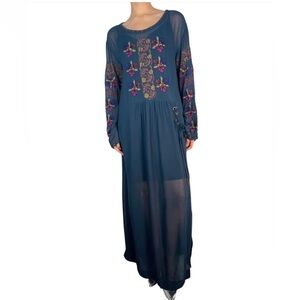 Free People Embroidered Floral Sheer Lace Up Maxi Tunic Topper, Sz L